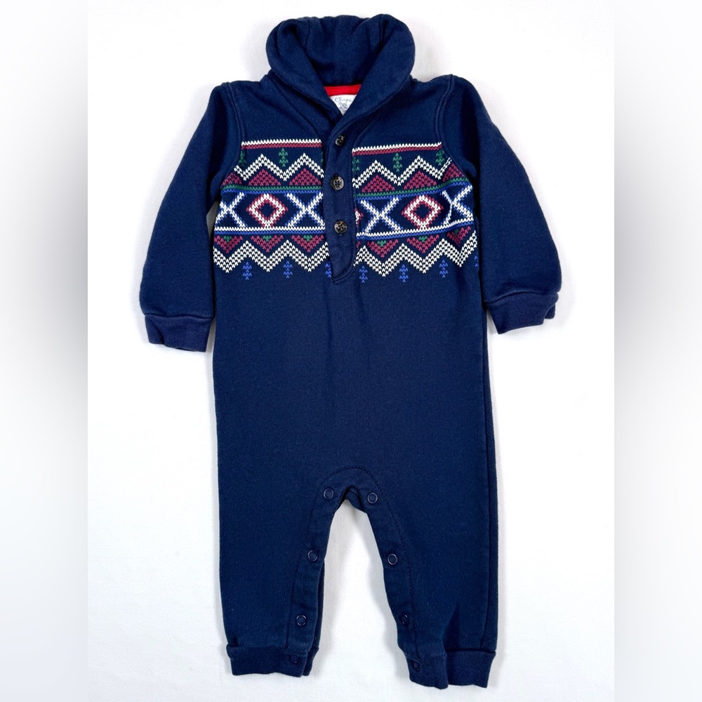 CHAPS Baby Boys’ Navy Blue Knit Fair Isle Holiday Cowl Neck Romper Size 9M